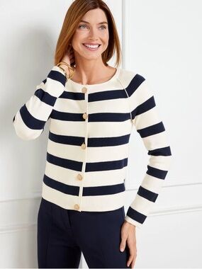Talbots Indigo Blue and Ivory Stripe Cropped Sweater Jacket Size M Coastal Cool